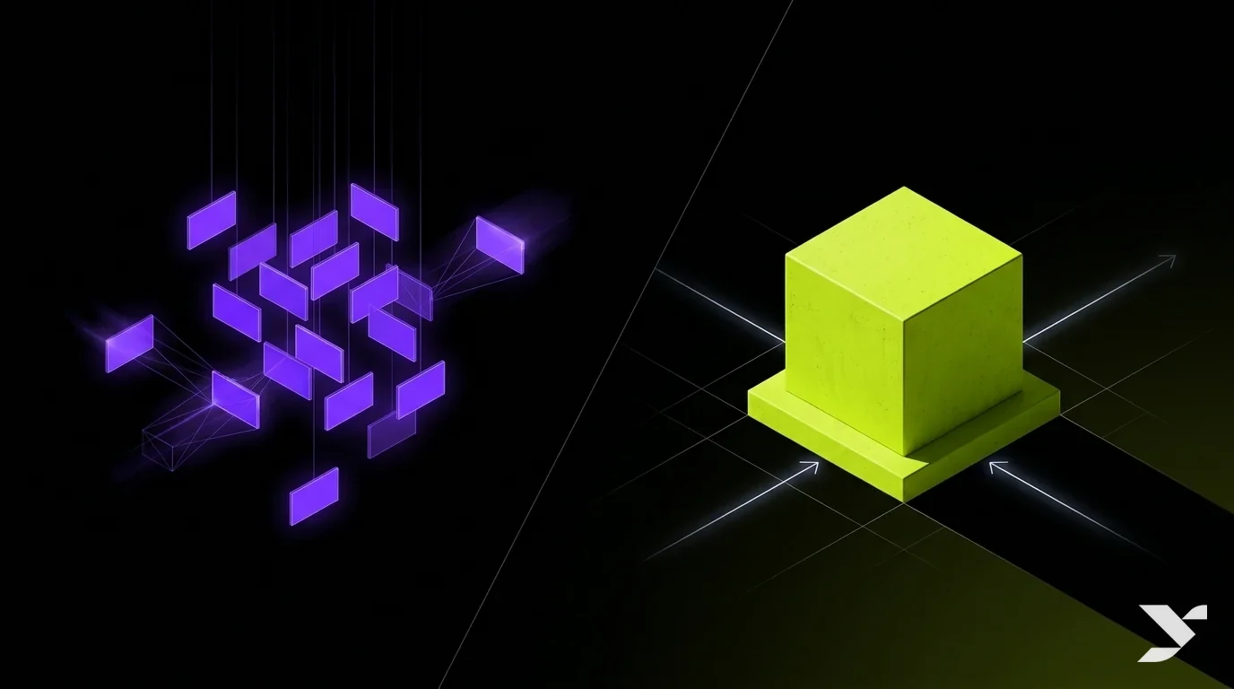 Abstract editorial illustration contrasting a rented social feed against an owned website, in lime and violet on pure black