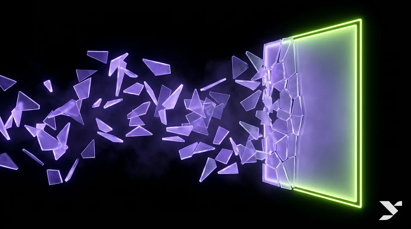 Abstract editorial illustration of fragmented data fragments converging into a single unified surface, pure black background with lime and violet accents