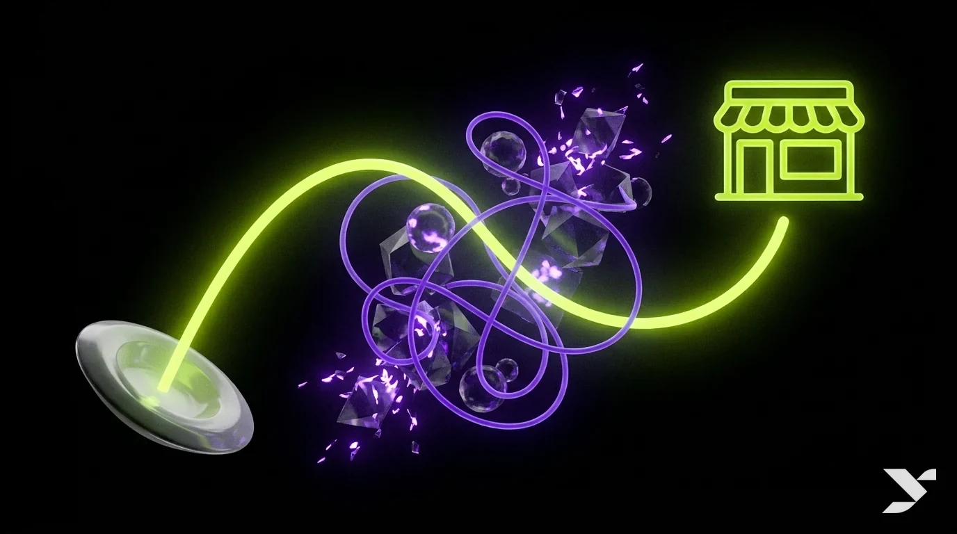 Abstract editorial illustration of a restaurant order flowing directly to the owner instead of through an aggregator, lime and violet accents on black