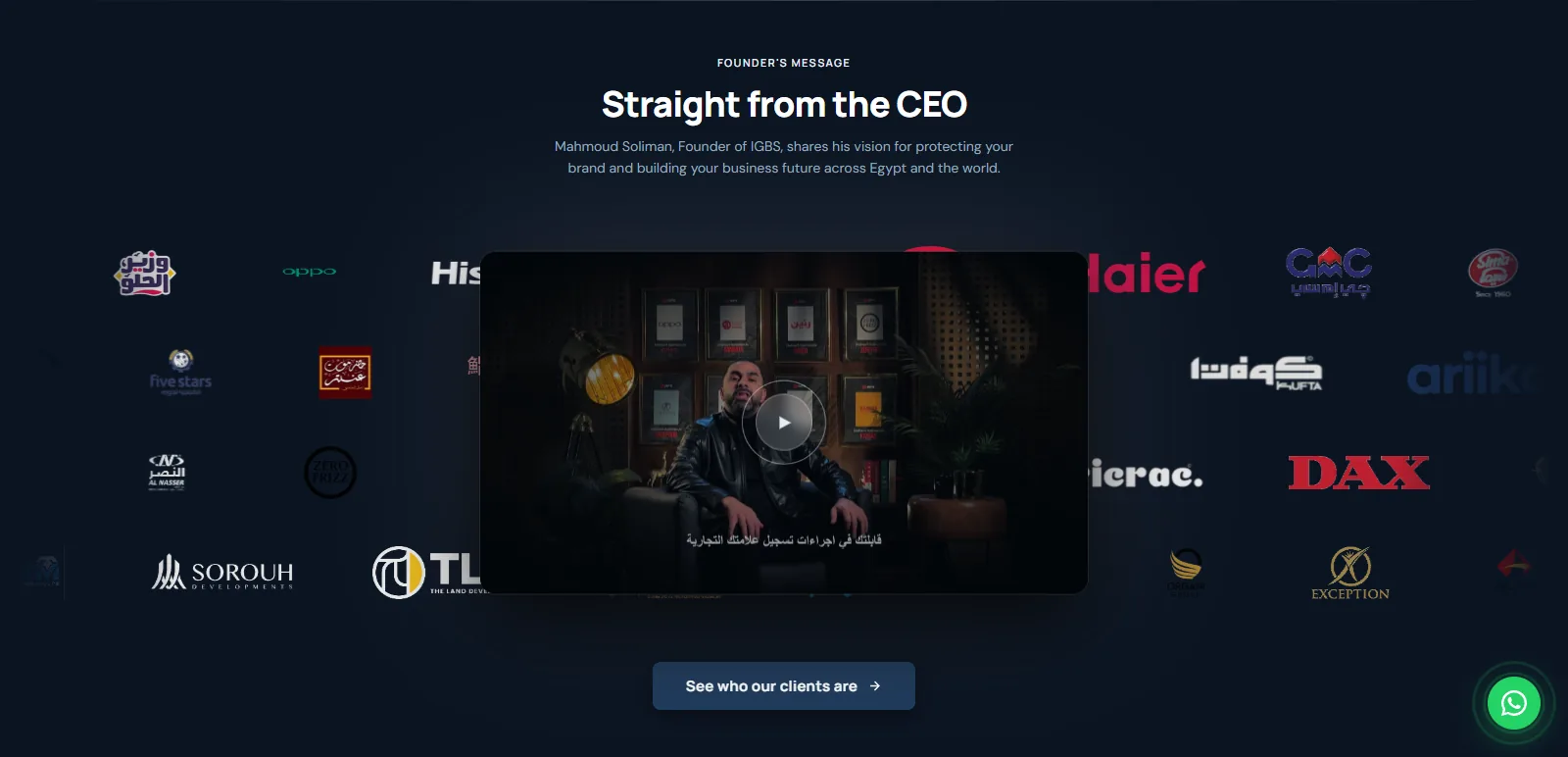 IGBS founder message + client trust grid